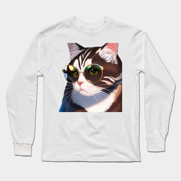 Smart Cat Wearing Glasses Sticker Long Sleeve T-Shirt by BAYFAIRE